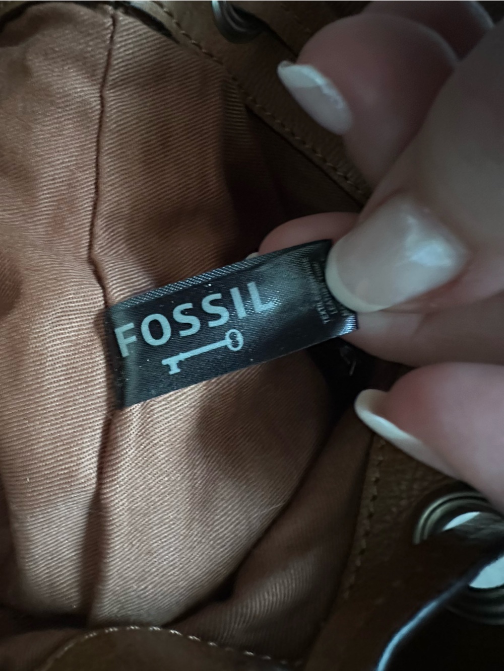 Fossil Beige Patterned Drawstring Bucket Bag with Brown Trim - Picture 16 of 16
